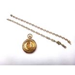 A lady's gold cased keyless wind open faced fob watch, with a gilt jewelled lever movement,