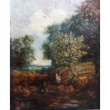Follower of John Constable, Boy by a stream in a wooded landscape, oil on canvas, unframed,