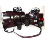 Photographic interest, including; two leather cases, cameras and lenses, Canon AE1, Praktika NTL3,