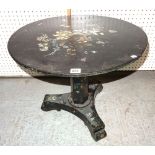 A Victorian inlaid papier mache circular tripod table on trefoil base,