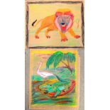 Follower of Andy Warhol, Lion; Crocodile, two crayon drawings, one bearing signature, unframed,