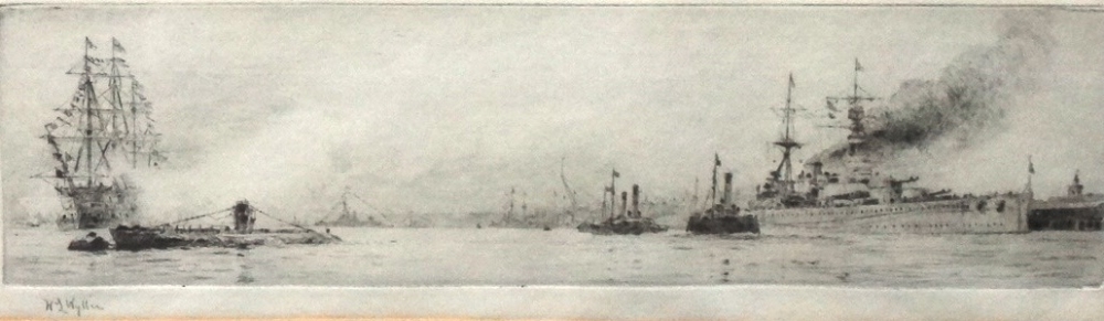 William Lionel Wyllie (1851-1931), Shipping in harbour, etching, signed in pencil, 7.5cm x 29.5cm.
