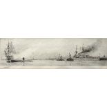 William Lionel Wyllie (1851-1931), Shipping in harbour, etching, signed in pencil, 7.5cm x 29.5cm.
