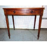 A 19th century mahogany single drawer side table on ring turned tapering supports,
