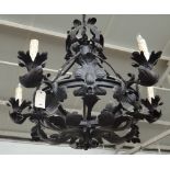 An English wrought iron five light chandelier, late 20th century,