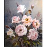 Lucy Wiles (1920-2008), Roses, oil on board, signed, unframed, 55cm x 46cm.