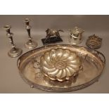 Plated wares, comprising; an oval twin handled gallery tray, raised on bun feet,