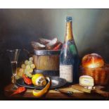 Raymond Campbell (b.1956), Champagne, seafood, bread and cheese, oil on board, signed, 50cm x 60cm.