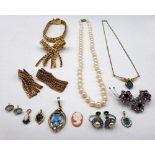 A 9ct gold and opal doublet necklace, four gem set pendants,