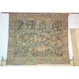 A machine made French tapestry 'La Chasse', with brass hanging pole 153cm wide x 127cm high.