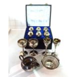 Silver and silver plated items comprising a silver bon bon dish, a pair of plated bud vases,