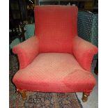 A pair of 20th century red upholstered armchairs on fluted tapering supports, (2).