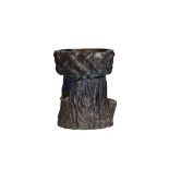 A brown glazed terracotta two part jardinière of naturalistic tree form, 61cm deep x 78cm high.