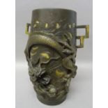 A Japanese bronze two-handled vase, Meiji period, of swollen cylindrical form,