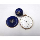 A gold cased, blue enamelled and rose diamond set, key wind, openfaced lady's fob watch,