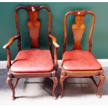 A set of six 19th century inlaid mahogany dining chairs, of Queen Anne design, each with vase back,