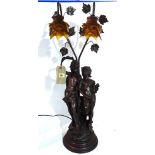 A 20th century resin table lamp formed as two cherubs with amber coloured glass shades, 80cm high.