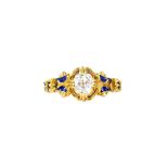 A Victorian gold, diamond set and blue enamelled ring, in a scrolling design,
