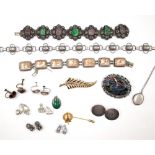 A group of silver and costume jewellery, comprising; a shell cameo rectangular panel link bracelet,