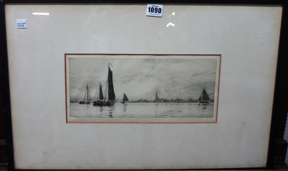 William Lionel Wyllie (1851-1931), Vessels in harbour, etching, signed, 12cm x 30cm.