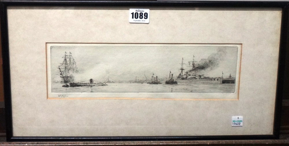 William Lionel Wyllie (1851-1931), Shipping in harbour, etching, signed in pencil, 7.5cm x 29.5cm. - Image 3 of 3