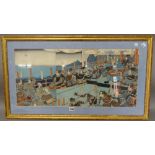 Utagawa School, 19th century: a triptych of warriors on a boat, 34 cm. by 72cm.