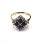 A 9ct gold, sapphire and diamond square cluster ring,