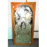 A Venetian style etched arch top mirror within an oak frame, 66cm wide x 137cm high.