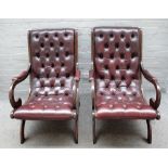 A pair of Regency style slipper back open armchairs on X frame supports, 65cm wide x 94cm high (2).