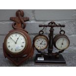 A French bronze clock compendium with thermometer and barometer, late 19th century,