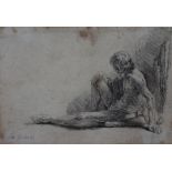 Rembrandt van Rijn, A Nude Man Seated on The Ground with One Leg Extended , 1646, etching,