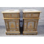 A pair of chinoiserie decorated bedside tables, each with single drawer over arched top cupboard,