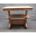 A Victorian bleached oak metamorphic three tier buffet on four downswept supports and paw feet,