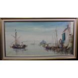 Jorge Aguilar-Agon (b.1936), Harbour scene, oil on canvas, signed, 39cm x 80cm.