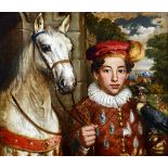 English School (19th century), A boy in tudor dress, leading a horse and holding a hawk,