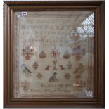 A woodwork alphabet sampler dated 1897, indistinctly signed,