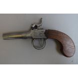 A 19th century boxlock percussion pistol with twist off circular tapering steel barrel,
