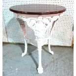 A white painted cast iron pub table with circular mahogany top, 53cm wide.