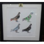Daniel Syrett (contemporary), Fanciful pigeons, colour screen print, signed in pencil, 24cm x 24cm.