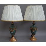 A set of three Victorian green faux marble and gilt metal mounted urn form table lamps, modern,