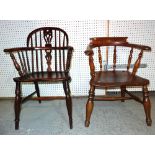 A 19th century ash and elm stick back open armchair and a captains chair, (2).