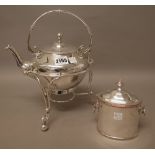 Plated wares, comprising; a tea kettle with a stand, an oval tea caddy, a soup ladle,