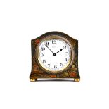 A French chinoiserie decorated 8 day mantel clock, gilt blue against an arch topped body,