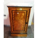 An Edwardian satinwood and ebonised bedside cupboard with white marble top, 39cm wide x 75cm high.