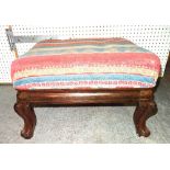 A Victorian rosewood farmed square footstool with Kelim upholstery on cabriole supports.