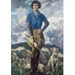 Frederick Whiting (1874-1960), Nancy: Portrait of a lady, in riding clothes with two terriers,