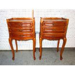 A pair of Louis XVI style mahogany bedside tables with three drawers and galleried top,