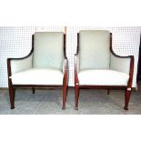 A pair of Regency mahogany framed armchairs with box strung inlay on tapering square supports, (2).