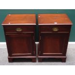 A pair of George III style mahogany bedside tables, each with single drawer over cupboard,