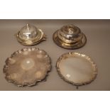 Plated wares, comprising; a circular lidded entree dish, decorated with beaded borders,